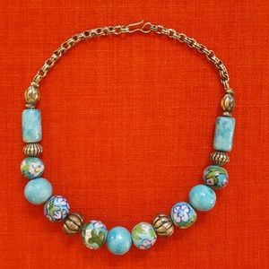 Turquoise w. flowers and Silver Bead Necklace-(N3)